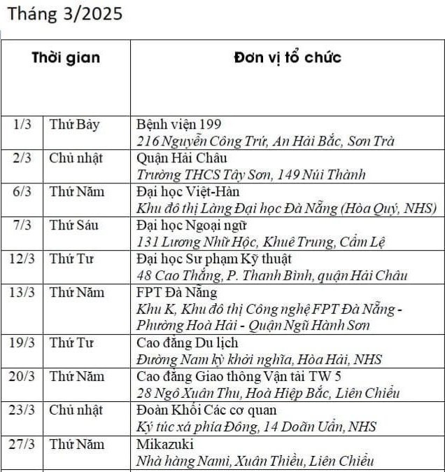 lịch hiến máu
